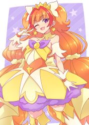 Rule 34 | 1girl, ;d, bare shoulders, boots, commentary request, cure twinkle, diagonal stripes, dress, e20, earrings, gloves, go! princess precure, hand up, highres, jewelry, long hair, multicolored hair, one eye closed, open mouth, orange hair, outside border, precure, purple eyes, red hair, smile, solo, star (symbol), star earrings, starry background, strapless, strapless dress, streaked hair, striped, striped background, thigh boots, very long hair, w, white footwear, white gloves, yellow dress