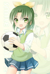 Rule 34 | 10s, 1girl, :d, bad id, bad pixiv id, ball, green eyes, green hair, green sweater vest, izumi39, matching hair/eyes, midorikawa nao, necktie, open mouth, pleated skirt, ponytail, precure, ribbon, robbon, school uniform, simple background, skirt, sleeves rolled up, smile, smile precure!, soccer ball, solo, sweater vest, telstar, zoom layer