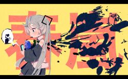 Rule 34 | 1girl, alternate hair color, aqua eyes, black blood, black skirt, blood, blue flower, blue rose, blush, cellphone, collared shirt, commentary, coughing blood, cowboy shot, detached sleeves, flower, from side, grey hair, grey necktie, hair ornament, hatsune miku, highres, hikimayu, holding, holding phone, impaled, long hair, looking at phone, motion blur, necktie, number tattoo, phone, profile, rose, shirt, shun-ran (vocaloid), silhouette, simple background, skirt, sleeveless, sleeveless shirt, smartphone, song name, spoken symbol, syare 0603, tattoo, translation request, twintails, very long hair, vocaloid, white shirt, wide-eyed, wide sleeves, yellow background