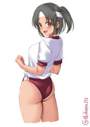 Rule 34 | 1girl, alternate costume, ass, back, black hair, blush, breasts, brown eyes, buruma, cowboy shot, cropped legs, ebifurya, gym shirt, gym uniform, hair between eyes, headband, highres, kantai collection, looking at viewer, looking back, looking to the side, medium breasts, nagara (kancolle), one-hour drawing challenge, one side up, open mouth, red buruma, shirt, short hair, short sleeves, simple background, smile, solo, twitter username, white background, white shirt