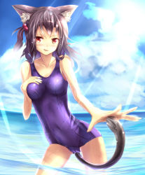 Rule 34 | 1girl, absurdres, animal ears, between legs, black hair, cameltoe, cat ears, cat tail, cowboy shot, fang, highres, ocean, one-piece swimsuit, original, outdoors, red eyes, sakura ani, school swimsuit, shiny clothes, short hair, solo, standing, swimsuit, tail, tail between legs, wading, wet, wet clothes