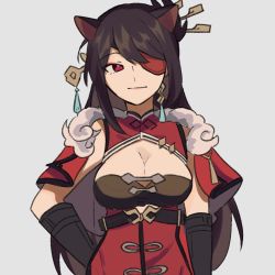 Rule 34 | 1girl, animal ears, anthemspices, beidou (genshin impact), black hair, breasts, cleavage, eyepatch, genshin impact, grey background, hair ornament, hand on own hip, highres, kemonomimi mode, light smile, long hair, looking to the side, red eyes, simple background, solo, upper body