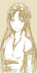 1girl bandages beret female_focus hat hong_meiling monochrome pict-pict portrait sepia shirt simple_background sketch smile solo touhou