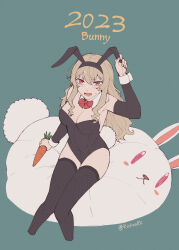 Rule 34 | 1girl, 2023, animal ears, arm at side, arm up, bare shoulders, bean bag chair, black hairband, black leotard, black thighhighs, blonde hair, blush, bow, bowtie, breasts, carrot, cleavage, commentary, cropped legs, detached collar, detached sleeves, fake animal ears, fake tail, fang, feet out of frame, fingernails, fishnet thighhighs, fishnets, from above, green background, hair between eyes, hairband, hand on own ear, highres, holding, holding carrot, large breasts, leotard, long hair, long sleeves, looking at viewer, looking up, lower teeth only, open mouth, playboy bunny, rabbit, rabbit ears, rabbit tail, red bow, red bowtie, red eyes, rickonrk, saijou claudine, shoujo kageki revue starlight, sidelocks, simple background, sitting, skin fang, solo, strapless, strapless leotard, sweatdrop, symbol-only commentary, tail, teeth, thighhighs, touching ears, twitter username, v-shaped eyebrows, wavy hair