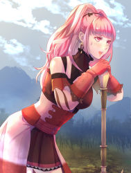 Rule 34 | 1girl, :d, arm strap, black skirt, blunt bangs, breasts, cloud, cowboy shot, day, earrings, female focus, fire emblem, fire emblem: three houses, gloves, hair ornament, hands on hilt, highres, hilda valentine goneril, jewelry, leaning forward, long hair, matching hair/eyes, medium breasts, miniskirt, nintendo, open mouth, outdoors, pink eyes, pink hair, pleated skirt, red gloves, riou (pooh920), skirt, smile, solo, sweatdrop
