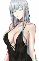 Rule 34 | 1girl, ak-12 (girls&#039; frontline), bare arms, bare shoulders, black dress, black ribbon, breasts, closed eyes, dress, girls&#039; frontline, highres, large breasts, long hair, no bra, ribbon, selcky, simple background, smile, upper body, white background, white hair