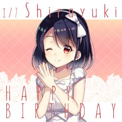 Rule 34 | 1girl, argyle, argyle background, argyle clothes, bad id, bad pixiv id, bare arms, black hair, blush, bow, closed mouth, collarbone, fantasic kiss, floral background, flower, frilled shirt, frills, gradient hair, hair bow, hairband, hands up, happy birthday, highres, ichiren namiro, idol, looking at viewer, multicolored hair, one eye closed, own hands together, red eyes, rose, shirt, short hair, short sleeves, sidelocks, smile, solo, white bow, white flower, white hair, white rose, white shirt