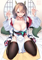 Rule 34 | 1girl, :d, absurdres, black thighhighs, brown hair, dragon girl, dragon horns, dragon tail, earrings, highres, horns, japanese clothes, jewelry, kimono, long hair, looking at viewer, nebusoku, open mouth, original, red eyes, red nails, sash, sitting, smile, solo, tail, thighhighs, wariza