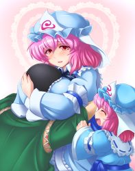 Rule 34 | 2girls, ^ ^, age difference, artist self-insert, bad id, bad pixiv id, breast smother, breasts, child, closed eyes, closed eyes, female focus, hat, hug, ko-yuyuko (shin&#039;en), large breasts, mother and daughter, multiple girls, open mouth, pink eyes, pink hair, saigyouji yuyuko, shin&#039;en-san (shin&#039;en), shin&#039;en (gyokuro company), short hair, smile, tattoo, touhou, triangular headpiece