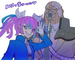 Rule 34 | 1boy, 1girl, armor, bald, blue eyes, blue hair, blue jacket, collared shirt, colored eyelashes, covered mouth, dominic fulltank, facial mark, green eyes, green necktie, grin, guillaume hall, hair over one eye, hair ribbon, heart, hiroshi (moremorepi), jacket, long hair, long sleeves, looking at viewer, mask, master detective archives: rain code, mouth mask, multicolored hair, muscular, muscular male, necktie, ok sign, open clothes, open jacket, open mouth, purple hair, red eyes, ribbon, sharp teeth, shirt, shoulder armor, simple background, smile, streaked hair, teeth, translation request, twintails, upper body, white background, white shirt