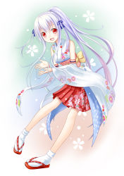 Rule 34 | 1girl, :d, absurdres, bare shoulders, detached sleeves, highres, japanese clothes, light purple hair, long hair, looking at viewer, open mouth, original, pigeon-toed, pleated skirt, ponytail, red eyes, sandals, setona (daice), skirt, smile, solo, tabi, very long hair, wide sleeves, zouri
