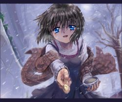 Rule 34 | 1girl, blanket, blue eyes, bowl, brown hair, dress, kanon, letterboxed, misaka shiori, mutsuki (moonknives), non-web source, oekaki, outstretched arm, outstretched hand, pixel art, plaid, reaching, shawl, short hair, smile, snow, solo, spoon, sweater, tree, wind