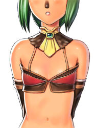 Rule 34 | 1girl, animal nose, arms behind back, bare shoulders, breasts, cleavage, final fantasy, final fantasy xi, green hair, head out of frame, mithra (ff11), navel, parted lips, pink lips, short hair, simple background, small breasts, solo, straight-on, taisai soft, white background