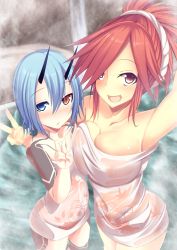 Rule 34 | 2girls, arm tattoo, asymmetrical docking, azanami (pso2), bare shoulders, bath, blue eyes, blush, breast press, breasts, cleavage, collarbone, eyebrows, full-body tattoo, hair between eyes, hair over one eye, heterochromia, highres, horns, io (pso2), large breasts, long hair, looking at viewer, multiple girls, naked towel, open mouth, phantasy star, phantasy star online 2, ponytail, reaching, reaching towards viewer, red eyes, red hair, selfie, short hair, standing, standing on liquid, steam, sukage, tattoo, teeth, towel, v