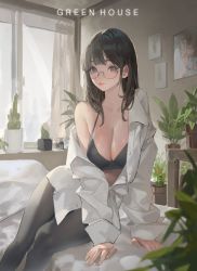 Rule 34 | 1girl, absurdres, arm support, bedroom, black bra, black hair, black pantyhose, blue eyes, bra, breasts, cleavage, collared shirt, commentary, english commentary, feet out of frame, glasses, highres, jung wonjo, large breasts, long hair, looking at viewer, on bed, open clothes, open shirt, original, pantyhose, pink lips, plant, potted plant, semi-rimless eyewear, shiny skin, shirt, sitting, solo, title, under-rim eyewear, underwear, white shirt, window