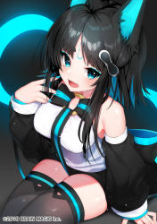 Rule 34 | 1girl, bare shoulders, black hair, black thighhighs, blue eyes, blue hair, blue nails, breasts, commentary request, copyright request, detached sleeves, fang, from above, haiba 09, large breasts, long hair, looking at viewer, medium breasts, multicolored hair, nail polish, o-ring, official art, shirt, sitting, skin fang, solo, thighhighs, two-tone hair, white shirt