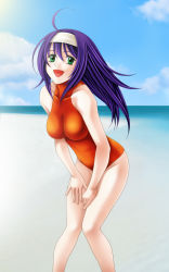 Rule 34 | 1girl, :d, bad id, bad pixiv id, bare shoulders, beach, breasts, day, fire emblem, fire emblem: path of radiance, green eyes, hairband, headband, highres, large breasts, long hair, mia (fire emblem), nintendo, one-piece swimsuit, open mouth, purple hair, smile, solo, swimsuit, tamamon, turtleneck
