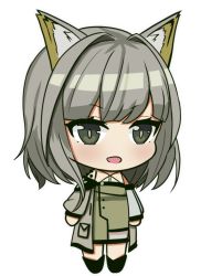 Rule 34 | 1girl, :d, animal ears, arknights, azur lane, blunt bangs, cat ears, commentary request, detached sleeves, essex face, eyes visible through hair, full body, grey eyes, kal&#039;tsit (arknights), long sleeves, looking at viewer, open mouth, parody, short hair, sidelocks, silver hair, simple background, smile, solo, style parody, svol, transparent background