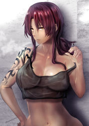 Rule 34 | 1girl, against wall, bare shoulders, black lagoon, black shirt, blouse, breasts, brown eyes, brown hair, cigarette, collarbone, commentary request, hand on own hip, highres, long hair, medium breasts, midriff, navel, pursed lips, revy (black lagoon), shirt, shoulder tattoo, solo, tank top, tattoo, uenoryoma