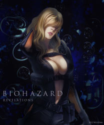 Rule 34 | 10s, 1girl, 2012, adjusting hair, blonde hair, bodysuit, breasts, cleavage, gloves, hair over eyes, hair over face, large breasts, lips, navel, rachael foley, resident evil, resident evil: revelations, solo, wolfina