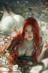 Rule 34 | 1girl, ass, barefoot, breasts, bug, butterfly, cleavage, closed mouth, collarbone, dress, elden ring, flower, insect, long hair, looking at viewer, lying, malenia blade of miquella, mechanical arms, olesyaspitz, on stomach, prosthesis, prosthetic arm, red hair, single mechanical arm, smile, solo, very long hair, yellow eyes