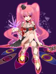 Rule 34 | 1girl, argyle, argyle clothes, argyle legwear, bare shoulders, crop top, crossed legs, crown, detached sleeves, grace (sound voltex), highres, long hair, looking at viewer, midriff, open mouth, pink eyes, pink hair, puffy short sleeves, puffy sleeves, scepter, shaded face, short sleeves, skirt, sound voltex, sound voltex iii gravity wars, twintails, yutahi3729