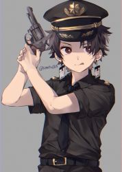 Rule 34 | 1boy, :q, arms up, artist name, black hat, black necktie, black pants, black shirt, brown hair, commentary request, dress shirt, earrings, epaulettes, grey background, gun, handgun, hat, holding, holding gun, holding weapon, jewelry, kamado tanjirou, kimetsu no yaiba, looking to the side, makura (makura0128), male focus, necktie, pants, peaked cap, red eyes, revolver, shirt, simple background, solo, tongue, tongue out, twitter username, uniform, upper body, weapon, wing collar