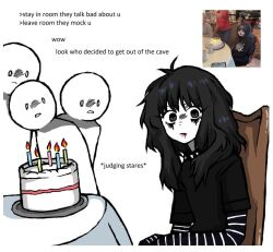 Rule 34 | 1girl, 3others, antenna hair, birthday cake, black eyes, black hair, black shirt, blood, blood in mouth, cake, candle, chair, closed mouth, commentary, english commentary, english text, food, goth fashion, long hair, long sleeves, looking at viewer, makeup, messy hair, microsoft paint (medium), multiple others, original, peqermint, reference inset, shirt, simple background, table, upper body, white background
