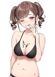 Rule 34 | 1girl, ameyame, bare shoulders, bikini, black bikini, blush, breasts, brown eyes, brown hair, chocolate, chocolate on body, chocolate on breasts, cleavage, collarbone, food on body, highres, idolmaster, idolmaster shiny colors, large breasts, long hair, looking at viewer, navel, one eye closed, simple background, smile, solo, sonoda chiyoko, swimsuit, tongue, tongue out, twintails