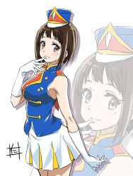 Rule 34 | 1girl, band uniform, blue hat, blue vest, blush, brown hair, closed mouth, collared vest, gloves, hand up, hat, hibike! euphonium, highres, looking at viewer, marching band, mole, mole under eye, nakaseko kaori, nii manabu, pink eyes, pleated skirt, short hair, signature, skirt, sleeveless, smile, solo, standing, vest, white background, white gloves, white skirt, zoom layer