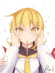 Rule 34 | blonde hair, crescent, crescent pin, etsuransha no rei, food, hand on another&#039;s cheek, hand on another&#039;s face, highres, kantai collection, long hair, looking at viewer, pocky, pocky day, satsuki (kancolle), school uniform, serafuku, signature, yellow eyes