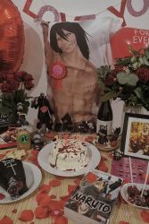 Rule 34 | 1boy, 2d dating, alcohol, balloon, black hair, black pants, black shirt, blouse, book, bottle, cake, chocolate, coffin, commentary, cross, dakimakura (object), dessert, english commentary, english text, face mask, figure, flower, food, headband, heart, highres, kakuzu (naruto), long hair, male focus, manga (object), mask, muscular, muscular male, naruto (series), ninja, nipples, pants, petals, photo (medium), photo (object), picture frame, pillow, red flower, shaved head, shirt, shoes, stitched face, stitches, table, tagme, valentine, wine, wine bottle