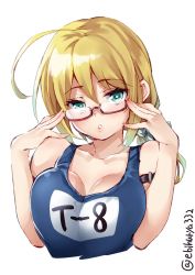 Rule 34 | 1girl, ahoge, armband, bare shoulders, blonde hair, blue eyes, blush, breasts, cleavage, collarbone, cropped torso, ebifurya, glasses, hair between eyes, highres, i-8 (kancolle), kantai collection, large breasts, looking at viewer, low twintails, name tag, one-piece swimsuit, open mouth, parted lips, red-framed eyewear, school swimsuit, semi-rimless eyewear, simple background, solo, swimsuit, twintails, under-rim eyewear, upper body, white background