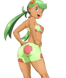 Rule 34 | 1girl, ass, bandeau, breasts, clothing cutout, creatures (company), dark skin, game freak, green eyes, green hair, hair ornament, hands on own hips, looking at viewer, looking back, mallow (pokemon), nintendo, open mouth, pokemon, pokemon (anime), pokemon sm (anime), shorts, swimsuit, tof, twintails, underboob cutout