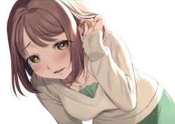 Rule 34 | 1girl, absurdres, ameda manbo, blush, brown eyes, brown hair, tucking hair, hand in own hair, highres, jewelry, looking at viewer, necklace, original, samemanma, solo, sweater, transparent background, upper body, white background
