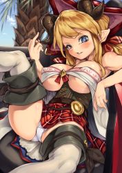 Rule 34 | 10s, 1girl, absurdres, blonde hair, blue eyes, blush, breasts, corset, covered erect nipples, draph, granblue fantasy, hair ribbon, hallessena, harezena, hat, highres, horns, large breasts, long hair, middle finger, neo-masterpeacer, panties, plaid, plaid skirt, pointy ears, ribbon, sitting, skirt, smile, solo, thighhighs, tree, underwear, white panties, white thighhighs