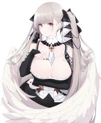 Rule 34 | 1girl, absurdres, amejaga, angel wings, azur lane, between breasts, black dress, black nails, breast hold, breasts, bridal gauntlets, cleavage, dress, feathered wings, formidable (azur lane), frilled dress, frills, grey hair, highres, large breasts, long hair, looking at viewer, red eyes, simple background, solo, tearing up, twintails, two-tone dress, two-tone ribbon, upper body, white background, wings