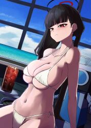 Rule 34 | 1girl, absurdres, bikini, black hair, blue archive, blue sky, blunt bangs, breasts, cleavage, cloud, commentary, cup, drinking glass, dutch angle, earrings, halo, highres, indoors, jewelry, kaba (hama), long hair, navel, ponytail, red eyes, rio (blue archive), sky, solo, swimsuit, white bikini