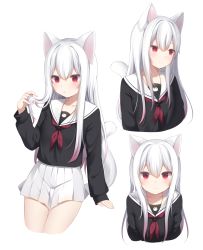 Rule 34 | 1girl, amashiro natsuki, animal ears, animal print, black shirt, cat ears, cat girl, cat print, cat tail, closed mouth, collarbone, commentary request, cropped legs, gradient hair, hair between eyes, hand in own hair, hand up, highres, long hair, long sleeves, looking at viewer, looking away, multicolored hair, multiple views, neckerchief, original, pleated skirt, red eyes, red hair, red neckerchief, sailor collar, school uniform, serafuku, shirt, simple background, skirt, tail, very long hair, white background, white hair, white sailor collar, white skirt