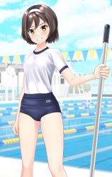 Rule 34 | 1girl, absurdres, black buruma, black hair, blue sky, buruma, cloud, commentary request, day, fantia commission, feet out of frame, grin, gym shirt, gym uniform, hairband, highres, kantai collection, lane line, looking at viewer, mop, outdoors, pool, shirt, short hair, sky, smile, solo, string of flags, t-shirt, takafumi, tanikaze (kancolle), upper body, white hairband, white shirt, yellow eyes