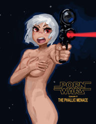 Rule 34 | 1girl, breast suppress, breasts, covering privates, covering breasts, doyora, female focus, gun, handgun, large breasts, laser, navel, nude, original, parody, pistol, red eyes, scope, short hair, solo, star wars, weapon, white hair