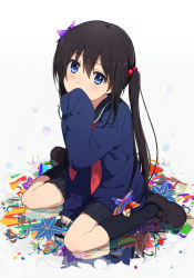Rule 34 | 1girl, black hair, black legwear, blue eyes, blush, covering own mouth, flower, hair bobbles, hair flower, hair ornament, loafers, long hair, looking at viewer, neckerchief, ogipote, original, pleated skirt, school uniform, serafuku, shoes, sitting, skirt, sleeves past wrists, solo, twintails, uniform, wariza