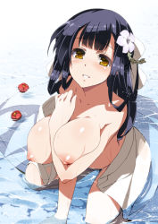 Rule 34 | 1girl, between breasts, black hair, blush, bow, breasts, collarbone, flower, hair bow, hair flower, hair ornament, highres, inue shinsuke, junjou renka, large breasts, long hair, looking at viewer, nipples, open clothes, parted lips, partially submerged, rindou (junjou renka), smile, solo, water, yellow eyes