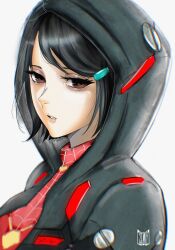 Rule 34 | 1girl, absurdres, aged up, artist logo, artist name, averting eyes, bags under eyes, black hair, black hoodie, bob cut, bodysuit, breasts, brown eyes, close-up, depressed, from side, hair ornament, hairclip, highres, hood, hood up, hoodie, itszenvy, lips, looking to the side, lowered eyelids, making-of available, marvel, medium breasts, open clothes, open hoodie, parted lips, peni parker, pilot suit, portrait, red bodysuit, short hair, simple background, solo, spider-man (series), swept bangs, upper body, white background