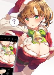 Rule 34 | 1girl, ?, bell, belt, black belt, blush, bow, breasts, brown hair, capelet, cellphone, christmas, cleavage, dress, fur-trimmed capelet, fur-trimmed dress, fur trim, green bow, green eyes, holding, holding phone, holding sack, large breasts, long sleeves, looking at viewer, neck bell, open mouth, original, over shoulder, phone, fake phone screenshot, pov, red capelet, red dress, ringozaka mariko, sack, santa dress, smartphone, smile, spoken question mark, twintails