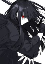 Rule 34 | 1boy, black coat, black gloves, black hair, coat, commentary request, earrings, from side, gloves, grey background, highres, holding, holding sword, holding weapon, jewelry, katana, long hair, long straw, looking at viewer, male focus, original, pale skin, profile, red eyes, simple background, sketch, slit pupils, solo, spot color, sword, upper body, waka (shark waka), weapon
