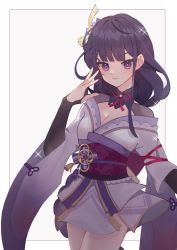 Rule 34 | 1girl, braid, breasts, bridal gauntlets, cleavage, closed mouth, commentary, english commentary, flower, genshin impact, ha11ro, hair ornament, highres, japanese clothes, kimono, long hair, long sleeves, looking at viewer, purple eyes, purple flower, purple hair, raiden shogun, ribbon, sash, simple background, smile, solo, sparkle, symbol-only commentary, tassel, white background, wide sleeves