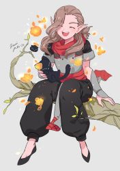 Rule 34 | 2boys, bad id, bad twitter id, black footwear, black pants, blush, branch, brown hair, closed eyes, flower, grey background, highres, kisumi rei, long hair, luo xiaohei, luo xiaohei (cat), luo xiaohei zhanji, luozhu (the legend of luoxiaohei), multiple boys, open mouth, pants, pointy ears, shadow, shoes, short sleeves, signature, simple background, smile