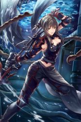Rule 34 | 1girl, aranea highwind, arm up, armor, black armor, black pants, breasts, cleavage, final fantasy, final fantasy xv, green eyes, grey hair, hair between eyes, holding, holding polearm, holding spear, holding weapon, leg up, long hair, looking at viewer, medium breasts, navel, o-ring, pants, polearm, ponytail, sasanomesi, shoulder pads, smile, solo, spear, spikes, standing, standing on one leg, weapon