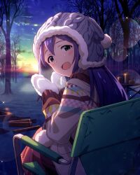 Rule 34 | 1girl, blue eyes, blue hair, card (medium), chair, cloud, hat, idolmaster, idolmaster million live!, idolmaster million live! theater days, mittens, mochizuki anna, official art, open mouth, snow, solo, tree, winter clothes